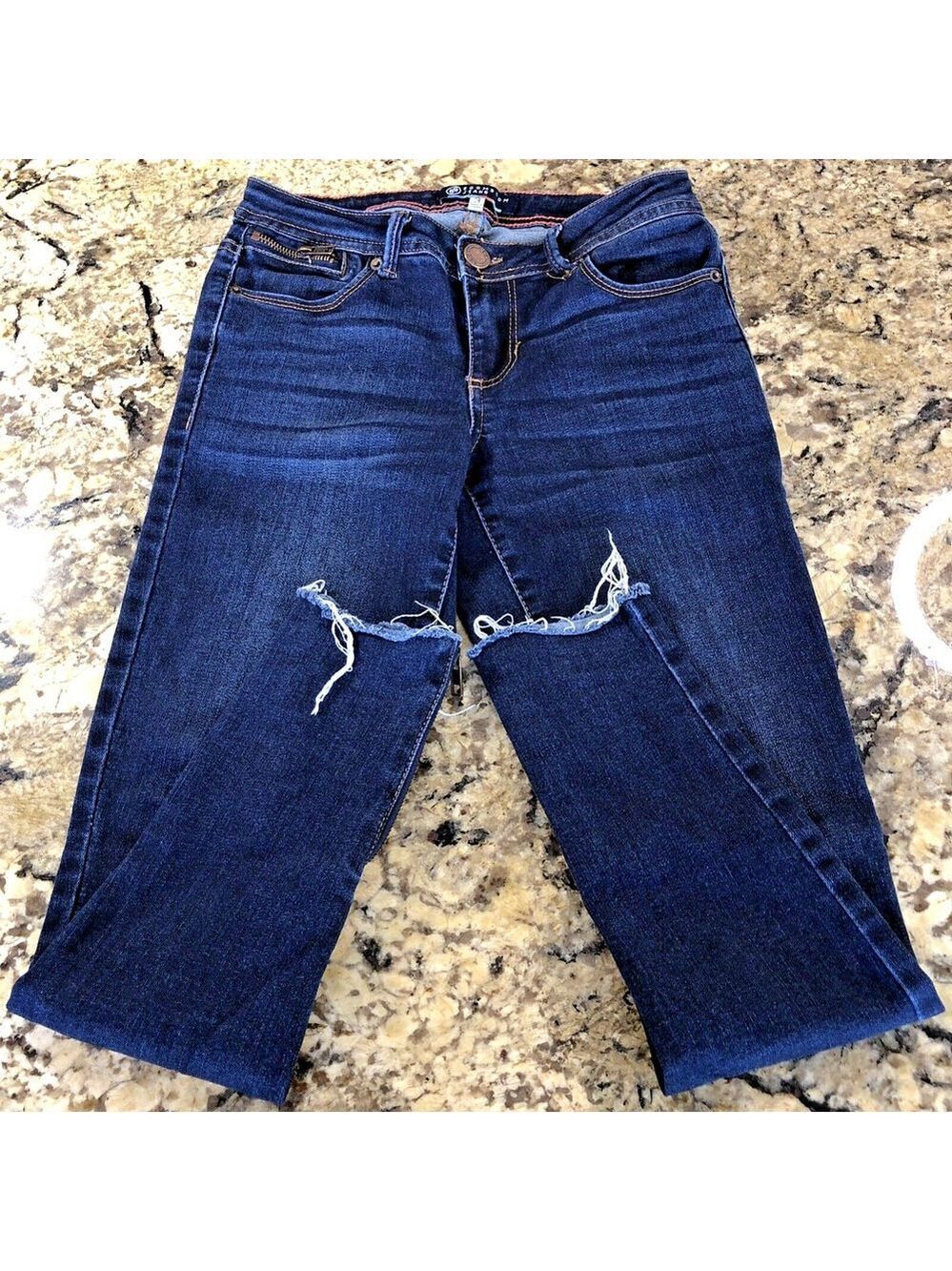 Size 3 X 25 Boom Boom Jeans Womens Stretchy Zippered Ankles Fringe Hems Blue